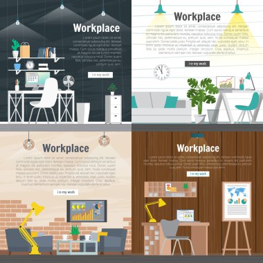 Banner set Office workplace interior design Graphic Design. Business objects, elements and equipment. Web Banner And Printed Materials. Flat Design Illustration Concepts