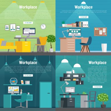 Banner set Office workplace interior design Graphic Design. Business objects, elements and equipment. Web Banner And Printed Materials. Flat Design Illustration Concepts