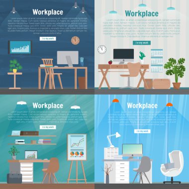 Banner set Office workplace interior design Graphic Design. Business objects, elements and equipment. Web Banner And Printed Materials. Flat Design Illustration Concepts