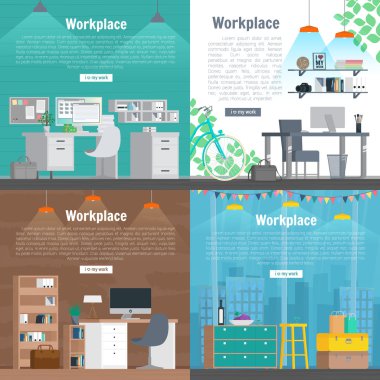 Banner set Office workplace interior design Graphic Design. Business objects, elements and equipment. Web Banner And Printed Materials. Flat Design Illustration Concepts
