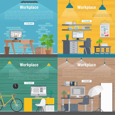 Banner set Office workplace interior design Graphic Design. Business objects, elements and equipment. Web Banner And Printed Materials. Flat Design Illustration Concepts