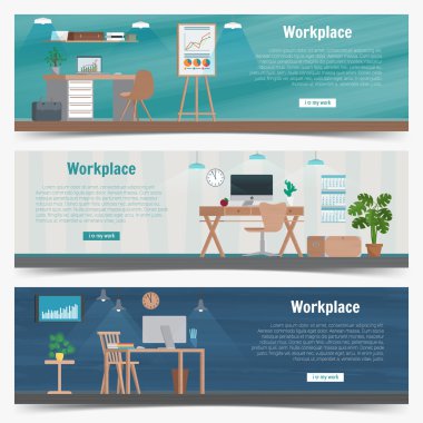 Web Banner set Office workplace interior design Graphic Design. Business objects, elements and equipment. Flat Design Illustration Concepts