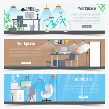 Web Banner set Office workplace interior design Graphic Design. Business objects, elements and equipment. Flat Design Illustration Concepts