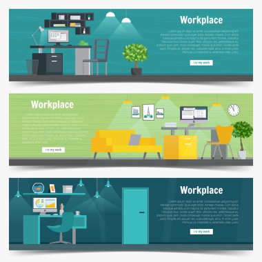 Web Banner set Office workplace interior design Graphic Design. Business objects, elements and equipment. Flat Design Illustration Concepts