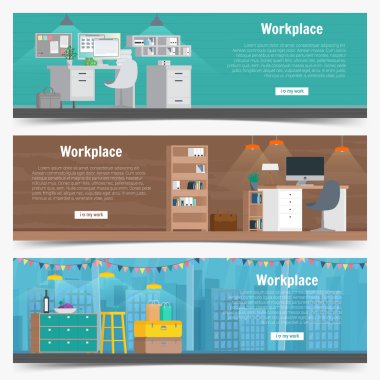 Web Banner set Office workplace interior design Graphic Design. Business objects, elements and equipment. Flat Design Illustration Concepts