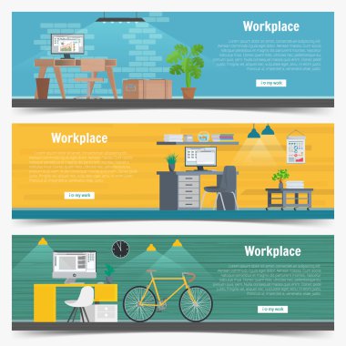 Web Banner set Office workplace interior design Graphic Design. Business objects, elements and equipment. Flat Design Illustration Concepts