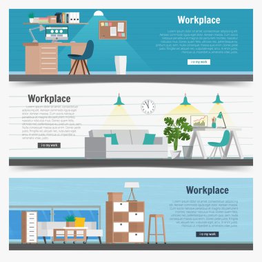 Web Banner set Office workplace interior design Graphic Design. Business objects, elements and equipment. Flat Design Illustration Concepts