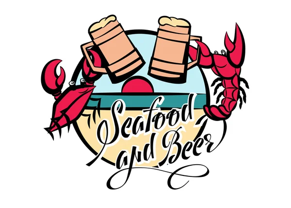 Logo seafood and beer lettering. Crayfish and crab red with glasses of beer on the beach. Vector illustration Stock Illustration