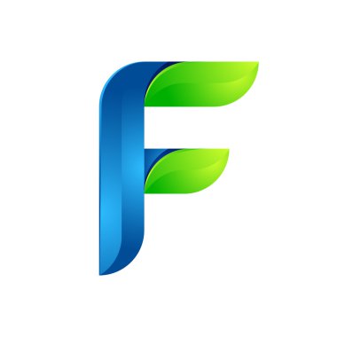 F harfi eko logo, hacim simgesi bırakır. Vektör tasarımı yeşil ve mavi şablon öğeleri ekoloji uygulama nız veya şirketiniz için bir simge