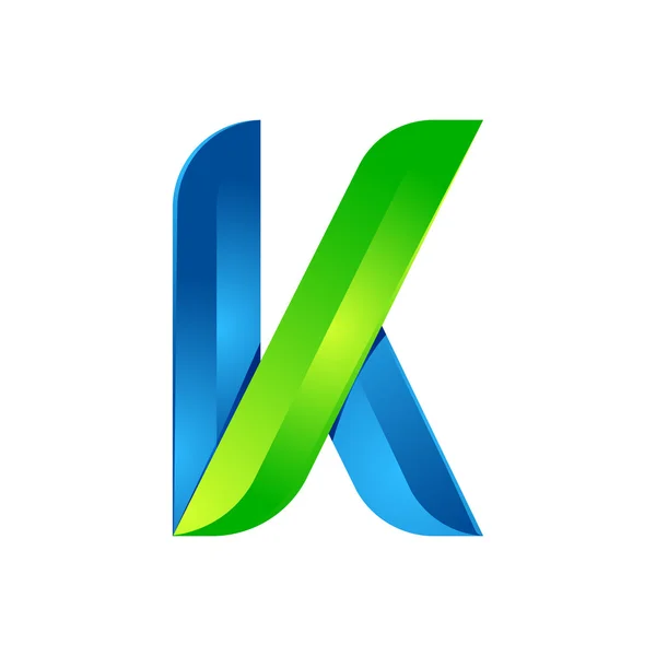 K γράμμα αφήνει οικολογικό λογότυπο, εικονίδιο έντασης. Σχεδίαση διανυσματικών πράσινων και μπλε στοιχείων προτύπου ένα εικονίδιο για την οικολογία σας εφαρμογή ή εταιρεία — Διανυσματικό Αρχείο
