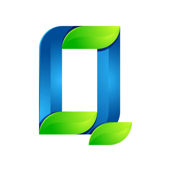 Q levél hagy öko logó, hangerő ikon. Vector design zöld és kék sablon elemek egy ikont az Ön ökológia alkalmazása vagy cég — Stock Vector