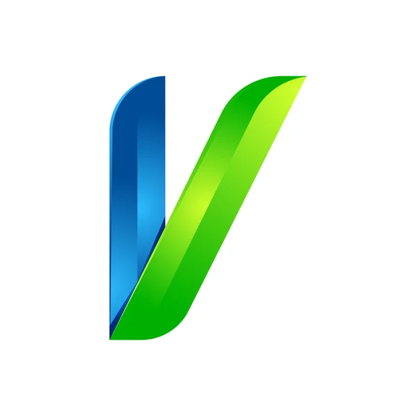 Lettre V laisse éco logo, icône de volume. Conception vectorielle éléments de gabarit vert et bleu une icône pour votre application ou entreprise écologie — Image vectorielle