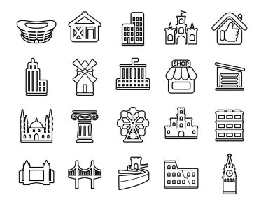 Modern ince çizgi simgeleri ayarlandı. İnşaat şantiyesi inşaat aletleri. Taslak sembol koleksiyonu. Web grafikleri için felç vektör logosu kavramı. Basit mono lineer pictogram paketi