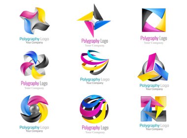 Renkli soyut 3d simge tasarım işaretini ayarla. Renkli logo cmyk baskılı yalan makinesi soyut kelebek renkli uçan siyah arkaplan