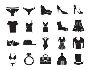 Beyaz arkaplanda kıyafet moda simgeleri