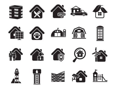 Logo illüstrasyonu işaretleri. Kentsel altyapı vektör simgeleri seti, Pictogram paketi doldurulmuş modern katı sembol koleksiyonu. Set, oyun alanı binaları servisini içerir.