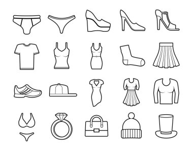 Giyim Mobil kavramlar ve web uygulamaları için açık yol elemanlarına sahip vektör çizgisi simgelerini ayarla. Koleksiyon modern bilgi logosu ve pictogram