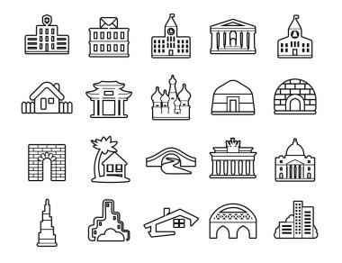 Modern ince çizgi simgeleri ayarlandı. İnşaat şantiyesi inşaat aletleri. Taslak sembol koleksiyonu. Web grafikleri için felç vektör logosu kavramı. Basit mono lineer pictogram paketi