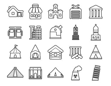 Modern ince çizgi simgeleri ayarlandı. İnşaat şantiyesi inşaat aletleri. Taslak sembol koleksiyonu. Web grafikleri için felç vektör logosu kavramı. Basit mono lineer pictogram paketi