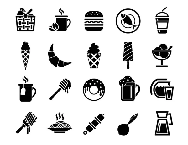 Set Iconos Comida Elegante Bebida Negra Comida Cocina Elementos Para — Archivo Imágenes Vectoriales