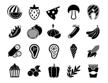 Zarif Yemek Simgeleri Seti. Siyah içecek, yiyecek, seyyar konseptler ve internet uygulamaları için mutfak elementleri. Koleksiyon modern bilgi logosu ve pictogram..