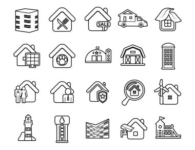 Modern ince çizgi simgeleri ayarlandı. İnşaat şantiyesi inşaat aletleri. Taslak sembol koleksiyonu. Web grafikleri için felç vektör logosu kavramı. Basit mono lineer pictogram paketi