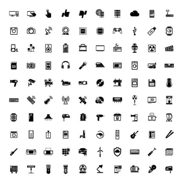 100 Icon Set Technologie Appareil Électronique Ménage — Image vectorielle