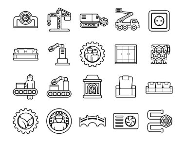 Sanayi enerji, inşaat, üretim ve imalat simgeleri, mobil kavramlar ve web uygulamaları için açık yol elemanlarına sahip vektör çizgisi simgeleri belirler. Koleksiyon modern bilgi logosu ve pictogram