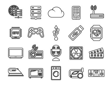 Düz tasarım teknolojisinde vektör çizgisi simgelerini ayarla. Koleksiyon modern bilgi logosu ve pictogram. Akıllı şehir, ev, internet, online ödeme. Mobil kavramlar için elementler