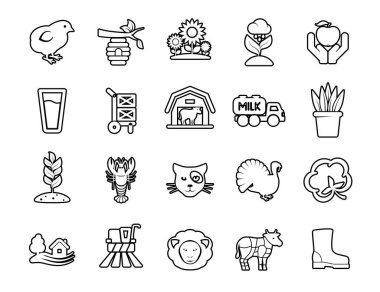 Tarım doğrusal simgeleri ayarlandı. Çiftçilik. Tarım araçları. İnce çizgi çizgili semboller. İzole vektör çizimi çizimleri. Düzenlenebilir vuruş.