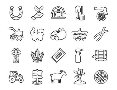 Tarım doğrusal simgeleri ayarlandı. Çiftçilik. Tarım araçları. İnce çizgi çizgili semboller. İzole vektör çizimi çizimleri. Düzenlenebilir vuruş.