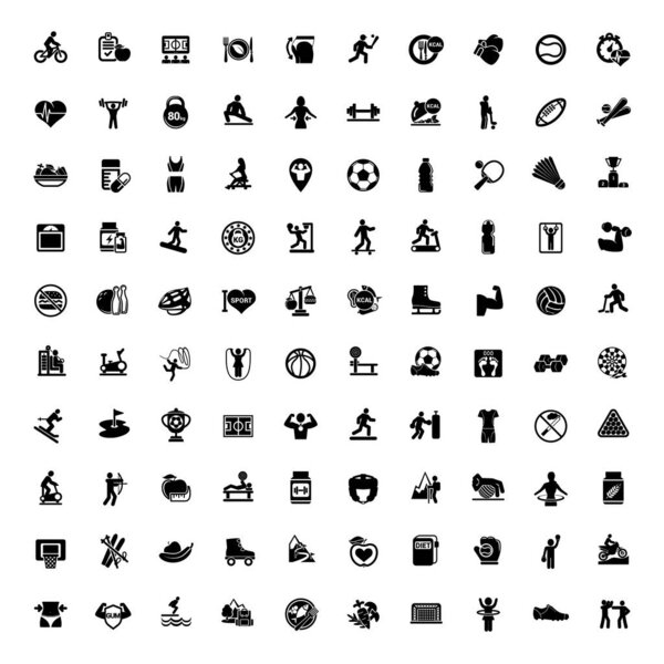 100 Fitness and Sport vector icons for web and mobile. All elements are grouped
