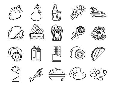 Gıda ve pişirme vektör çizgisi simgelerini mobil kavramlar ve web uygulamaları için açık yol elemanları ile ayarla. Koleksiyon modern bilgi logosu ve pictogram