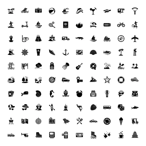 100 Icônes Symboles Voyage Signes Touristiques Illustration Vectorielle — Image vectorielle