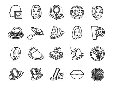 Vektör grafik seti. Simgeler, minimum tasarım. Güzellik. Erkekler ve kadınlar için güzellik nitelikleri. Web sitesi için konsept çizimi. Sembol elementini imzala İçerik ince ve doğrusal tasarım