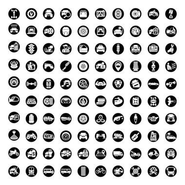 Araba servisi garajı. Beyaz arka planda 100 izole ikon araba tamiri ayarlandı.