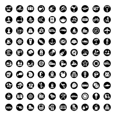 100 ikon. Seyahat sembolleri ve Turizm vektör illüstrasyonunu imzaladı.