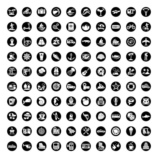 100 icons. Travel symbols and Tourism signs vector illustration.
