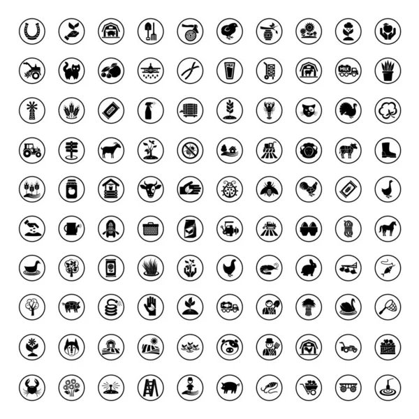 Noir Agriculture 100 Icon Set Agriculture Symboles Agricoles Illustrations Contours — Image vectorielle