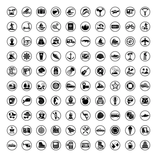 100 Iconen Reissymbolen Toeristische Borden Vector Illustratie — Stockvector