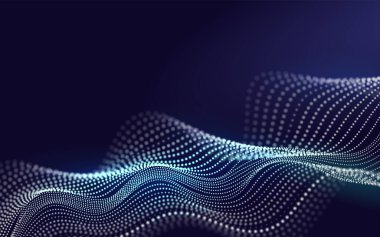 Bir çok noktanın gelecekteki çizgileri. Güzel 3 boyutlu dalga şekilli Karanlık Arkaplanda Harmanlanmış Noktalar Dizisi. Büyük veri. Poster kapağı afişi için tasarım elemanı. Soyut Vektör İllüstrasyonu.