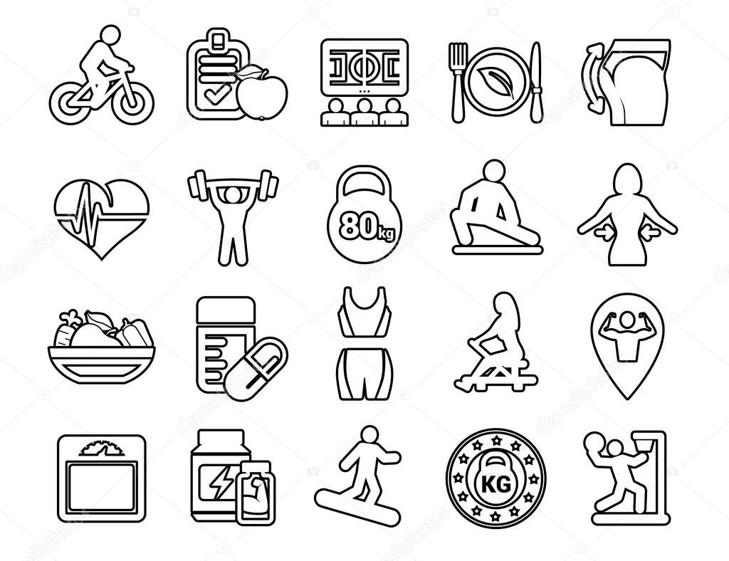 Set of Outline stroke Fitness icons Vector illustration.