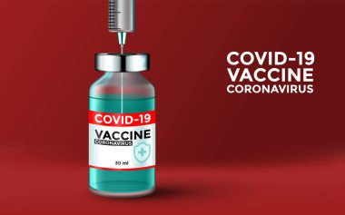 Coronavirus aşısı vektör geçmişi. Covid-19 Corona virüs aşılama gerçekçi 3D aşı şişesi enjeksiyon aracı covid19 aşı tedavisi için. Vektör illüstrasyonu kırmızı arkaplan