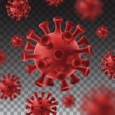 Saydam arkaplan bulanıklığı efekti ile Covid 19. Corona virüsü küresel bir pandemik uyarı. kırmızı koronavirüs vektör çizimi.