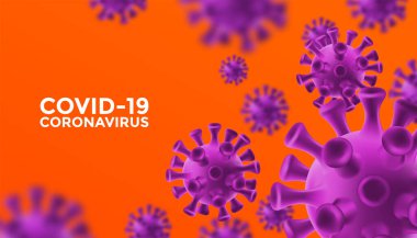 Coronavirus COVID-19 salgını ve koronavirüs gribi. Turuncu arka plan kavramında göze çarpan parlak göz alıcı dizayn mor virüs. Coronavirus 2019-nCoV. Pandemik sağlık riski.