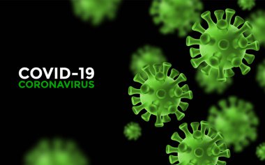 Yeşil virüs Covid 19-NCP. Coronavirus nCoV tek iplikli RNA virüsü olduğunu gösteriyor. Roman Coronavirus 2019-nCoV. Siyah arka planda 3 boyutlu gerçekçi kırmızı viral hücreler. Tehlike sembolü vektör çizimi