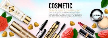 Kozmetik ürünlerinin 3 boyutlu açık pembe ve mavi renkli resimlerinin üst görüntüsü. Moda paketi tasarımı reklamı