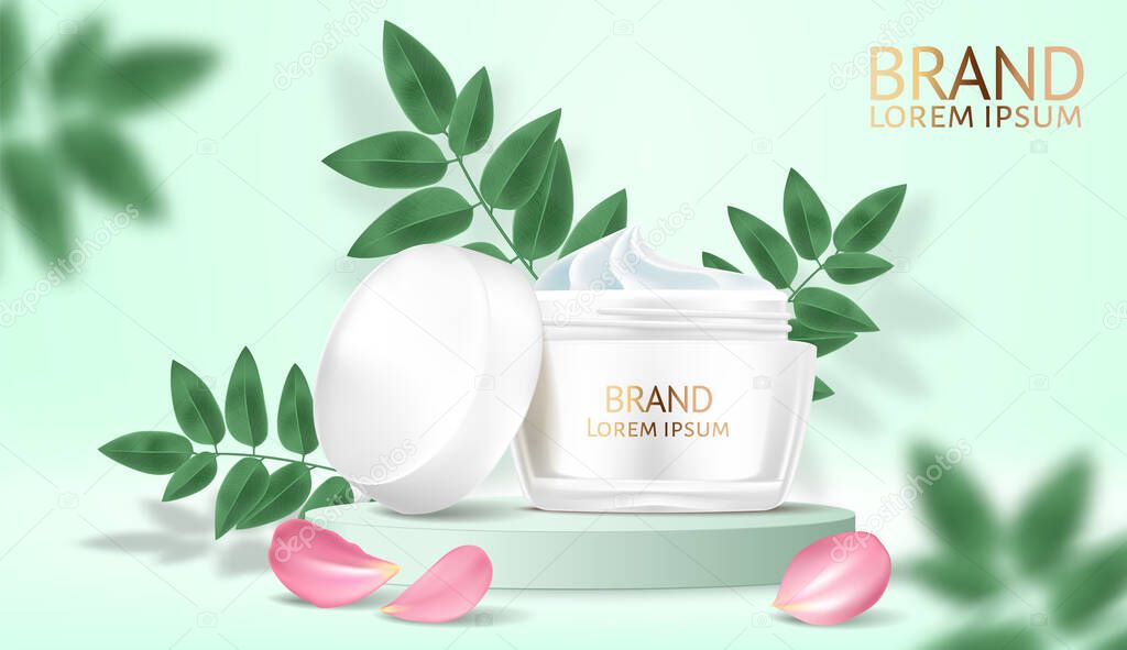 Cosmetics White cream and spray moisturizer hydration. Product packaging mockup. Exotic green leaves background. Detailed design 3d template illustrations. Vector realistic
