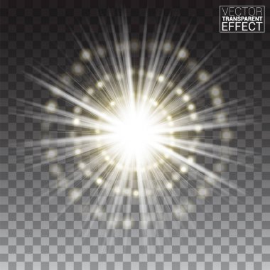 Güneş ışığı özel mercek ışık efekti. Güneş ışınları ve şeffaf arka planda spot ışıkları. Vektör illüstrasyonu.