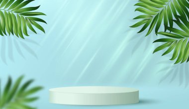 Ürün standının olduğu küçük bir sahne. Mavi turkuaz arka planda yapraklı, silindir gibi parlak bir podyum. Kozmetik ürün sunumunu göster. Yaya podyumu platformu. 3B vektör.
